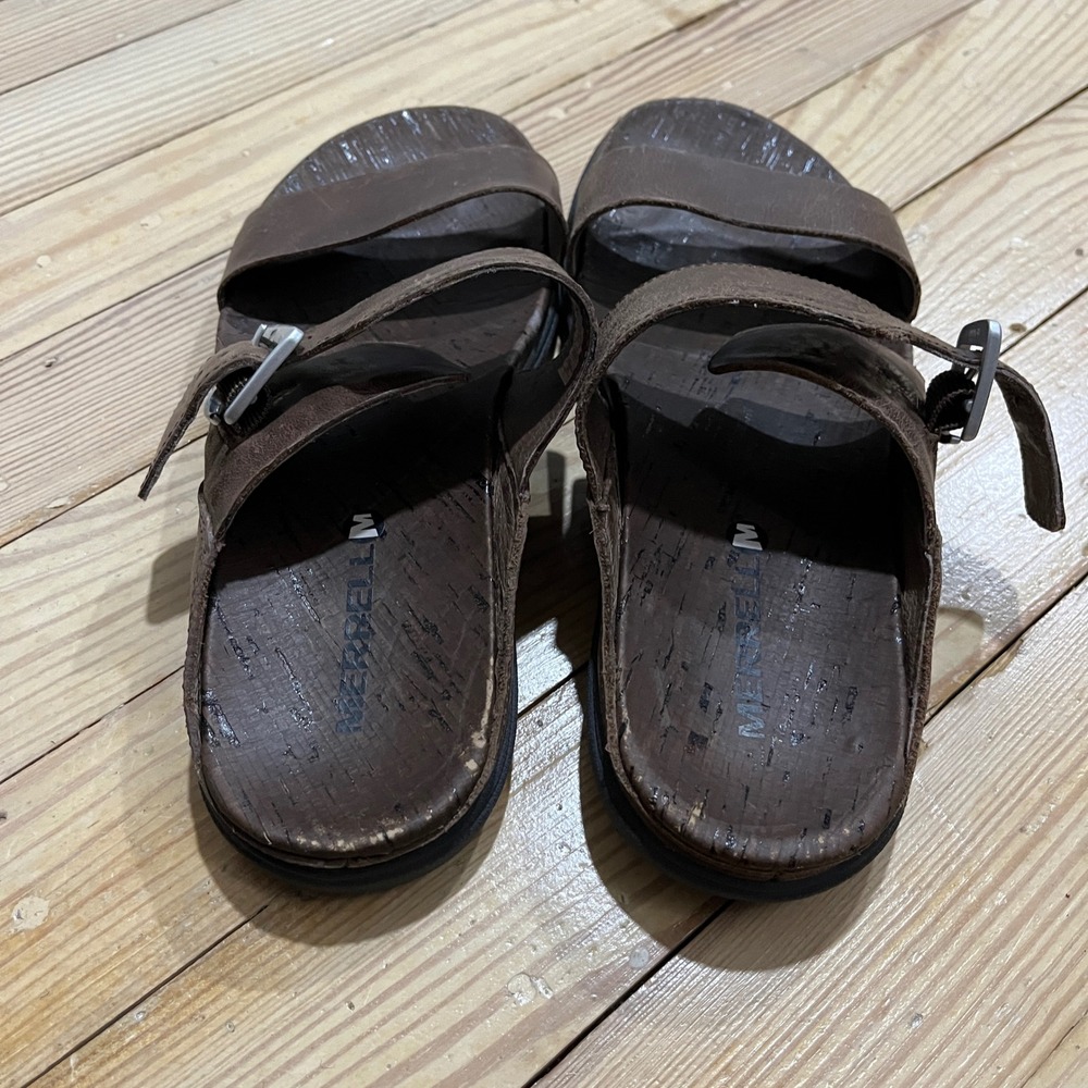Merrell Leather Slide Sandals Womens 7 Brown Buckle Cork Footbed J03758 - Picture 6 of 9